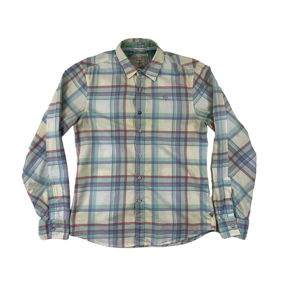 Guess Los Angeles Slim Fit Men Plaid‎ Colorful Button Up Long Sleeve Shirt Sz S - Picture 1 of 7